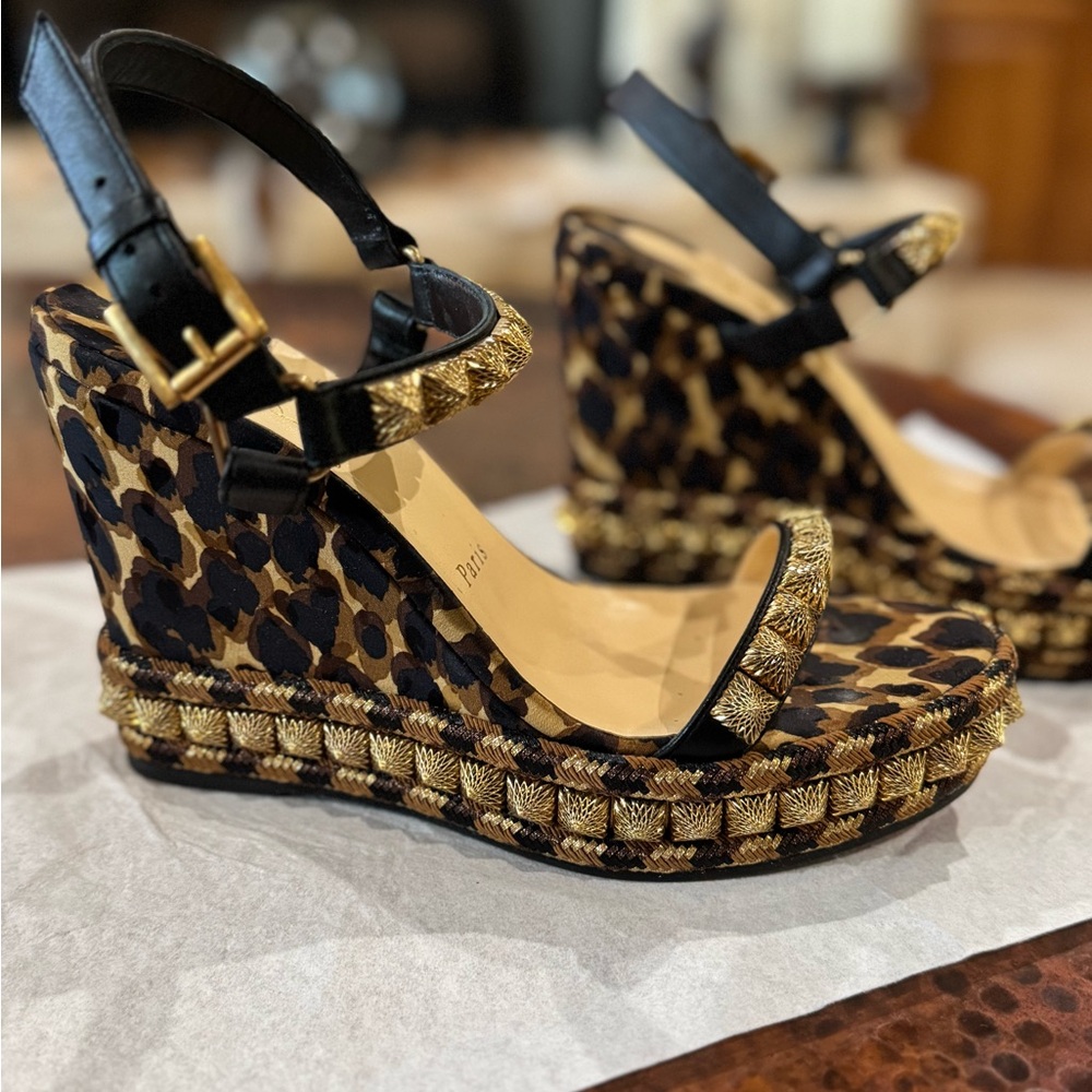 Christian Louboutin Brown and Black Wedge Sandals with Leopard Print- size 38